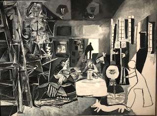 Black and white painting with many objects including a dog in the foreground found at the Picasso Museum
